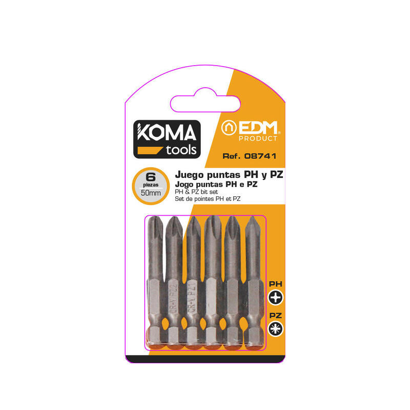 Pack De 5 Unidades - Juego 6 Puntas Ph 1-2-3 Pz 1-2-3 X 50mm Koma Tools