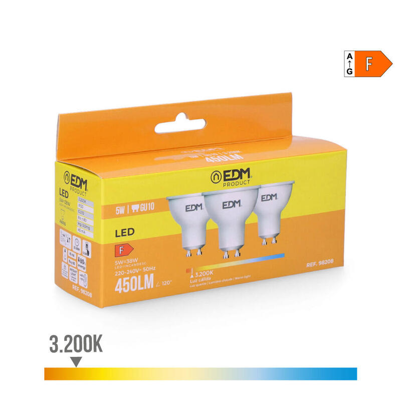 Pack De 5 Unidades - Kit 3 Bombillas Dicroicas Led Gu10 5w 450lm 3200k Luz Calida Ø5x5,5cm Edm