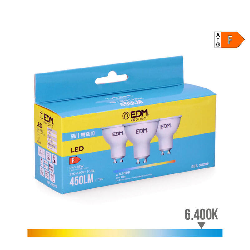 Pack De 5 Unidades - Kit 3 Bombillas Dicroicas Led Gu10 5w 450lm 6400k Luz Fria Ø5x5,5cm Edm
