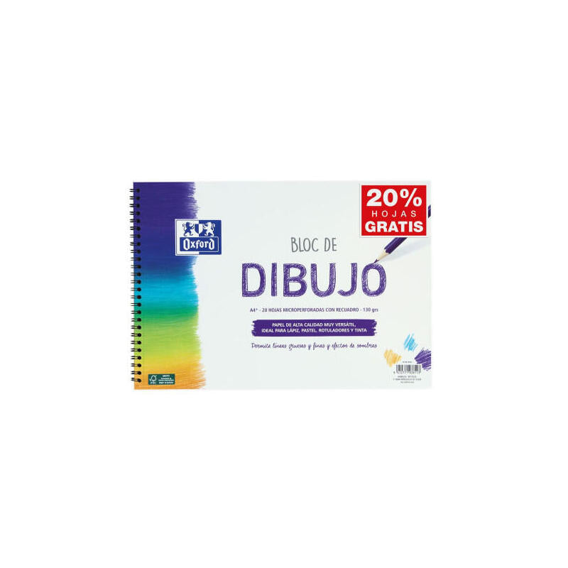 Pack De 5 Unidades Oxford Bloc De Dibujo Escolar Espiral Formato A4+ Con Reacuadro - 20 Hojas Microperforadas 130gr Color Natural - Papel De Superfície Rugosa