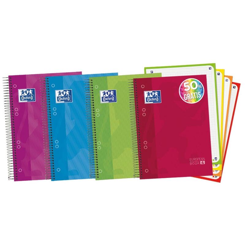 Pack De 5 Unidades Oxford Europeanbook 4 Cuaderno Espiral Formato A5+ Cuadriculado 5x5mm - 120 Hojas - Tapa Extradura Acabado Brillante - 4 Bandas De Color - Colores Surtidos