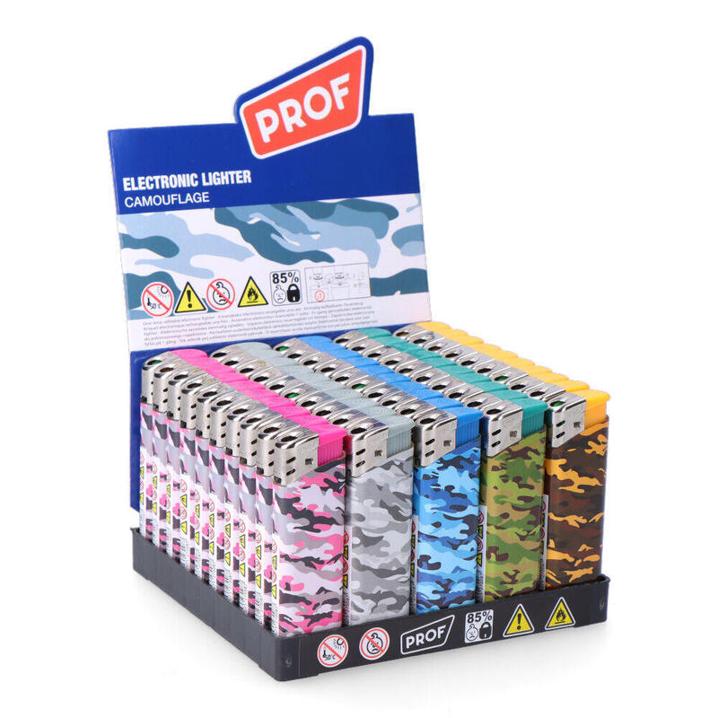 Pack De 50 Unidades - Encendedor Electrónico Recargable Modelo Camuflaje Colores Surtidos ( Expositor 50 Unidades)