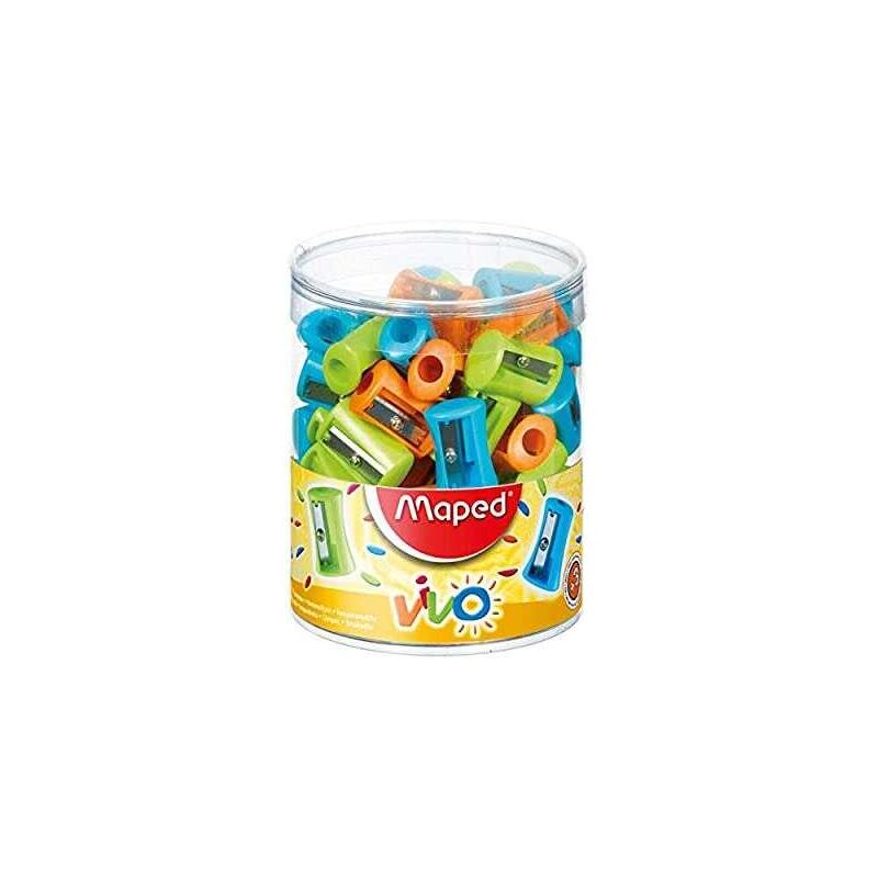 Pack De 75 Unidades Maped Vivo Sacapuntas De Plastico Con 1 Orificio - Cuchilla De Acero Afilada Y Resistente - Colores