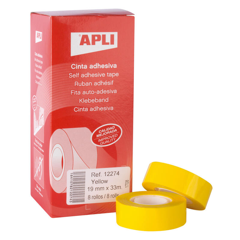 Pack De 8 Unidades Apli Cinta Adhesiva Amarilla 19mm X 33m - Resistente Al Agua Y A La Intemperie - Facil De Cortar Con Las Manos - Ideal Para Etiquetar Y Marcar - Amarillo