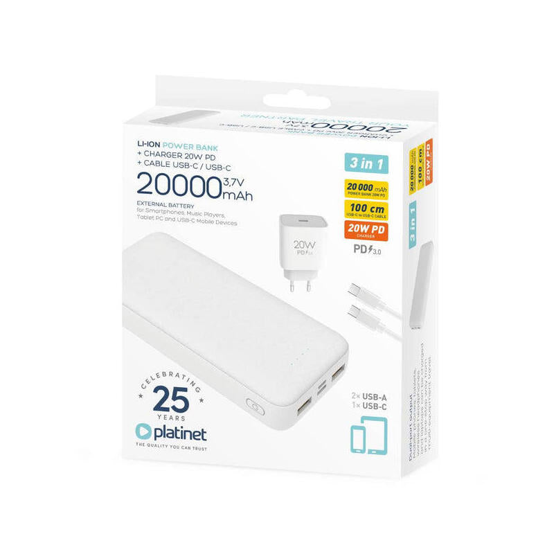 Platinet Power Bank 20.000mah + 20w Pd Cargador + Cable 1m Blanco