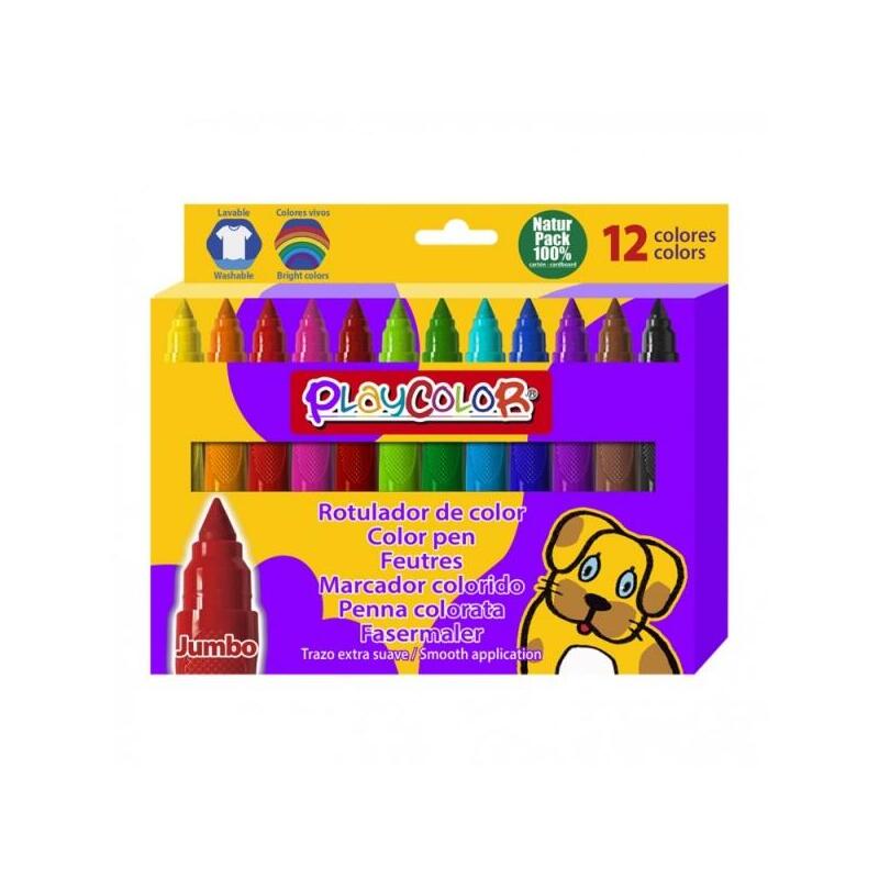 Playcolor Jumbo Basic Pack De 12 Rotuladores De Punta Gruesa Extrasuave - Fiable Y Seguro - Punta Bloqueada - Capuchon