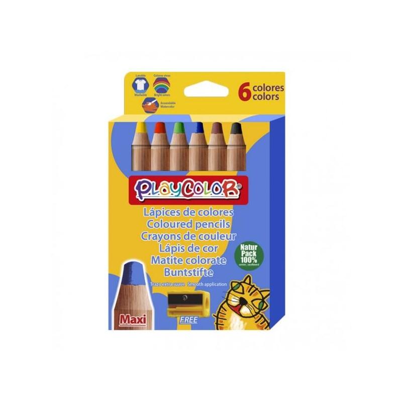 Playcolor Maxi Pack De 6 Lapices De Colores De Punta Gruesa + Sacapuntas - Trazo Extrasuave - Apto Para Papel, Carton,
