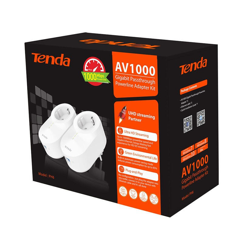 Plc/Powerline Tenda Ph6 Kit 1000mbps 1*Lan Gigabit Botón Pair/Reset Toma Schuko Plug And Play Pack 2 Uds