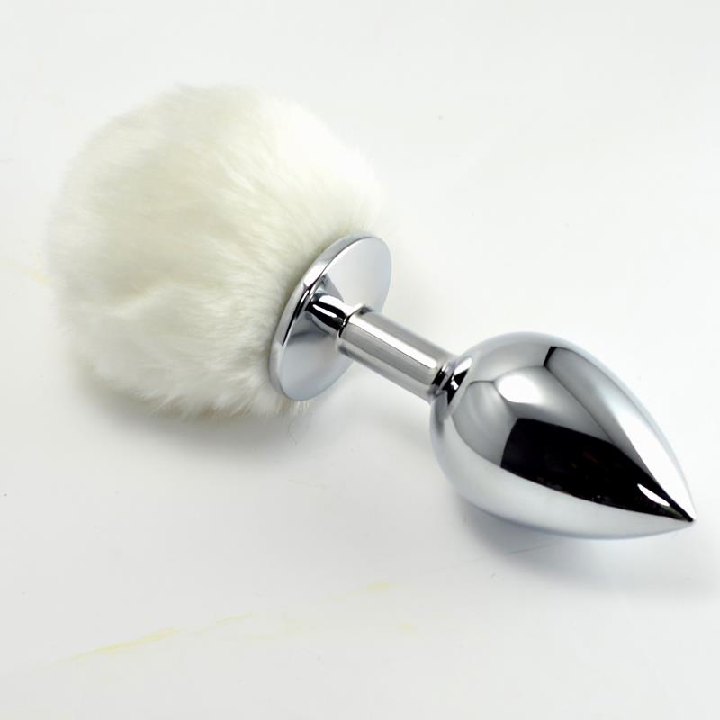 Plug Anal De Metal Con Pompon Blanco Talla L