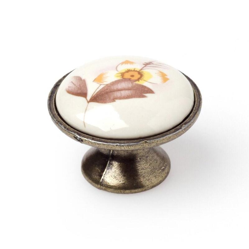 Pomo Para Mueble, Modelo 814, De Porcelana Y Zamak Con Acabado Ilustrado Flor Marrón, Ø30 Mm, Blíster 4 Uds