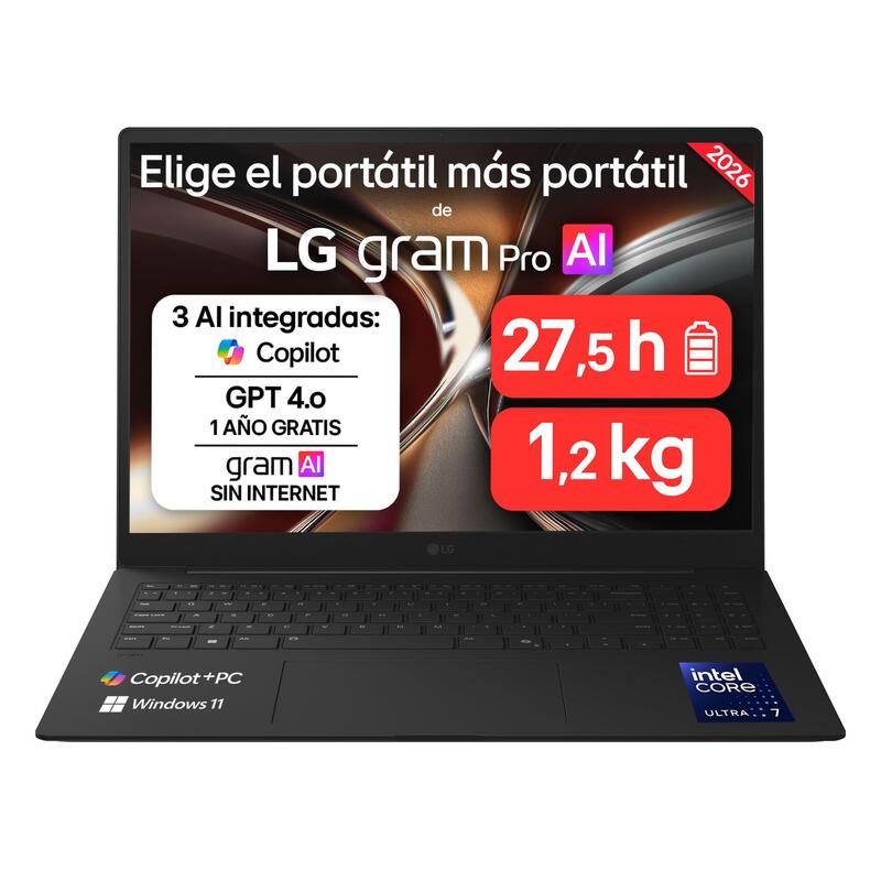 Portátil Lg Gram Pro 16z90u-G.Au85bn  Ultraligero De 16" Intel Core Ultra 7 355, 32 Gb Ram, 512 Gb Ssd, Ips Antirreflejo, 1239g, 27.5h, Windows 11, Teclado Qwerty Español, Negro