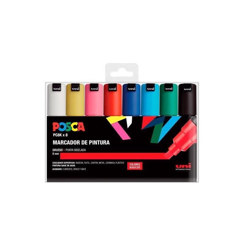Posca Marcador  Pc-8k/8c No Permanente Punta Biselada 8.0mm Colores Surtidos Basic -Estuche 8u-