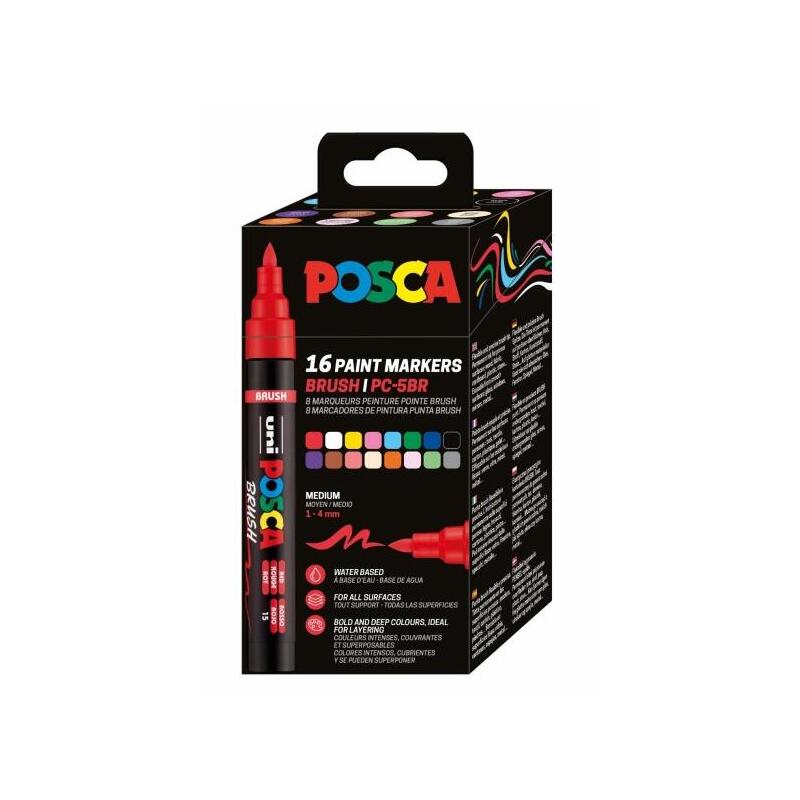 Posca Pc-5br Caja Con 16 Marcadores De Pintura - Punta Brush 1-4mm - Tinta Base Al Agua - Resistente A La Luz - No