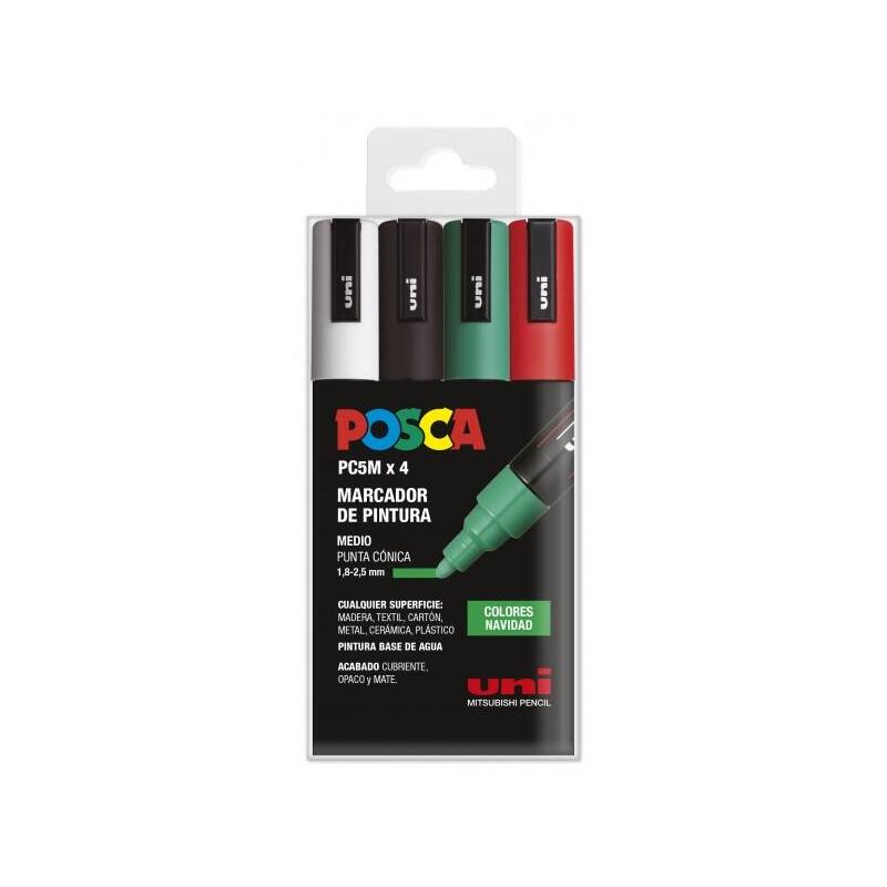 Posca Pc-5m Estuche De 4 Marcadores De Pintura - Punta De Bala 1.8-2.5mm - Tinta Base Al Agua - Resistente A La Luz -