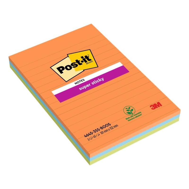 Post-It Super Sticky Pack De 3 Blocs De 45 Notas Adhesivas Reposicionables - Forma Rectangular - 101x152mm - Colores