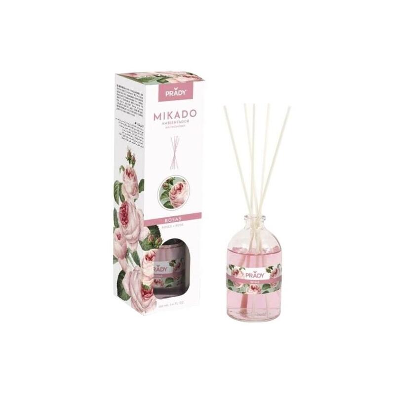 Prady Ambientador Mikado Rosas - Frasco De Cristal 100 Ml Y Varitas Difusoras