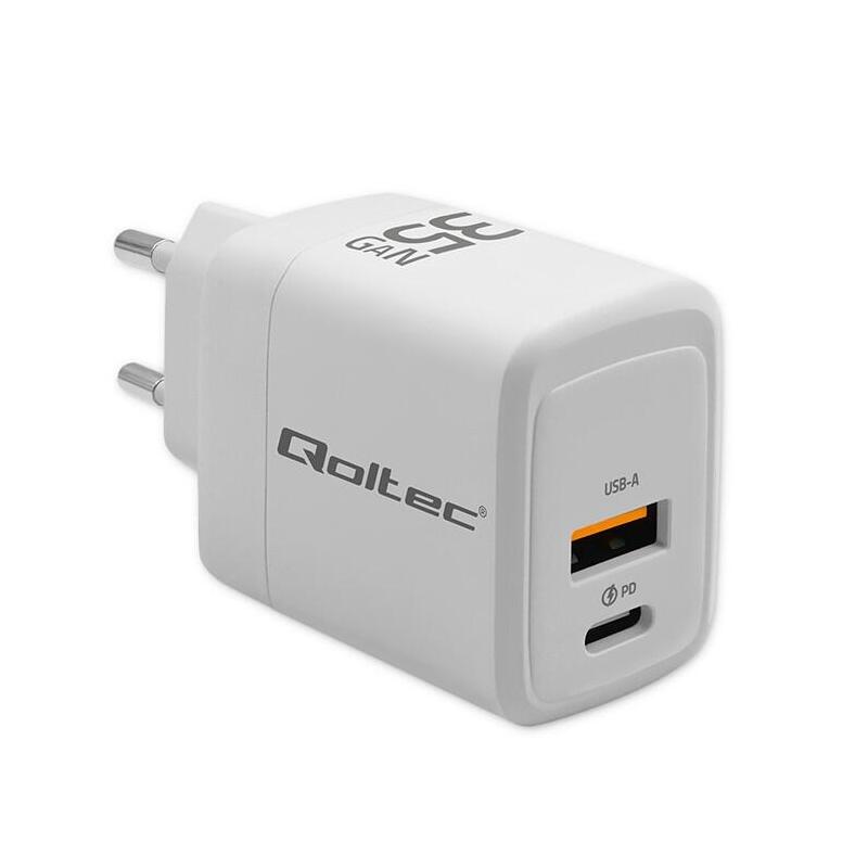 Qoltec 35w Gan 5-20v  1.5-3a  1 X Usb-C Pd  1 X Usb Qc 3.0  Biala