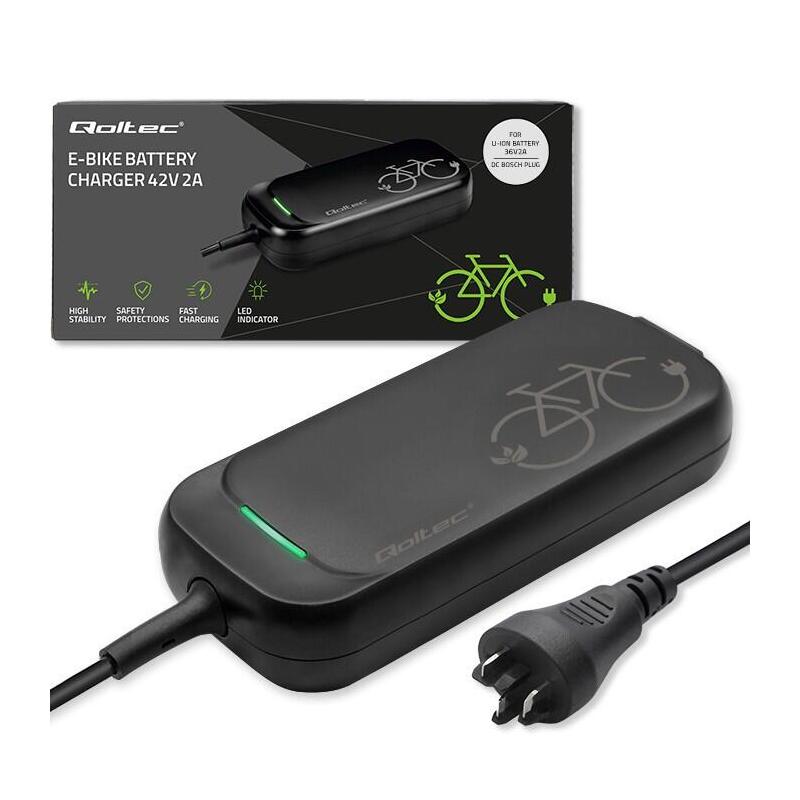 Qoltec 50762 Cargador Para Bicicleta Eléctrica Bosch 36v  42v  2a  Enchufe Bosch  Resistente Al Agua + Cable De Alimentación