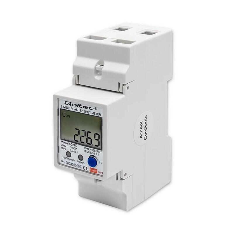 Qoltec 50882 Medidor De Consumo De Energía Electrónico Monofásico Para Carril Din - Wi-Fi - Tuya - 230v - Lcd