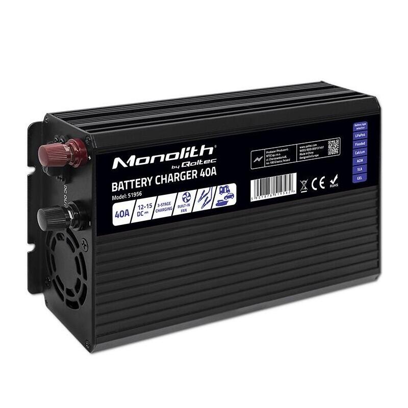 Qoltec 51956 Smart Monolith Charger For Lifepo4 Agm Gel Sla Batteries 40a 12v