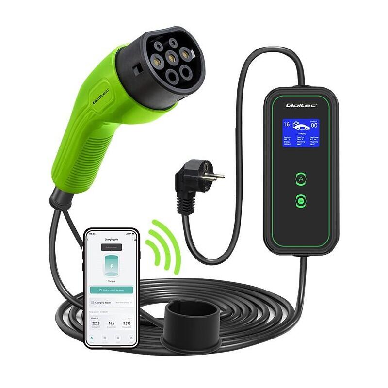 Qoltec 52476 Mobile Ev Charger With Adjustable 2in1 Type2 3.5kw 230v Wifi Lcd Portable Wallbox 5m