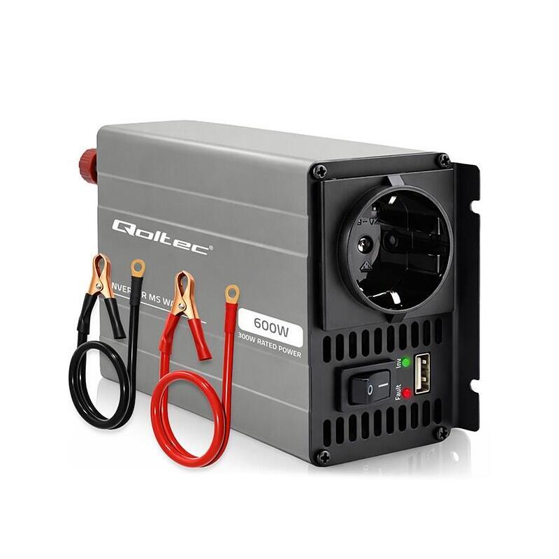 Qoltec Ms Wave Voltage Converter 12v To 230v 300 600w Usb Compatible With Lifepo4 Gel And Agm Batteries