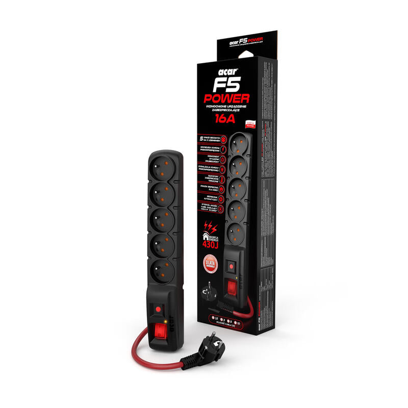 Regleta  Acar F5 Power Negro 5 Salidas Ac 230 V 3 M