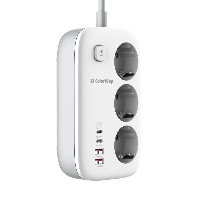 Regleta  Colorway Cw-Che34pdw Toma De Corriente: 3 Enchufes Eu 2xusb-A 2xusb-C Blanco 2m