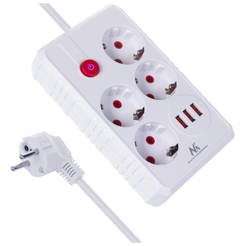 Regleta De Enchufes Maclean, Cable Alargador De 4 Tomas + 3xusb, 110-240 V Ca 50/60 Hz, 2,1 A Máx. 2500 W, 1,5 M, Blanco, Mce392 W