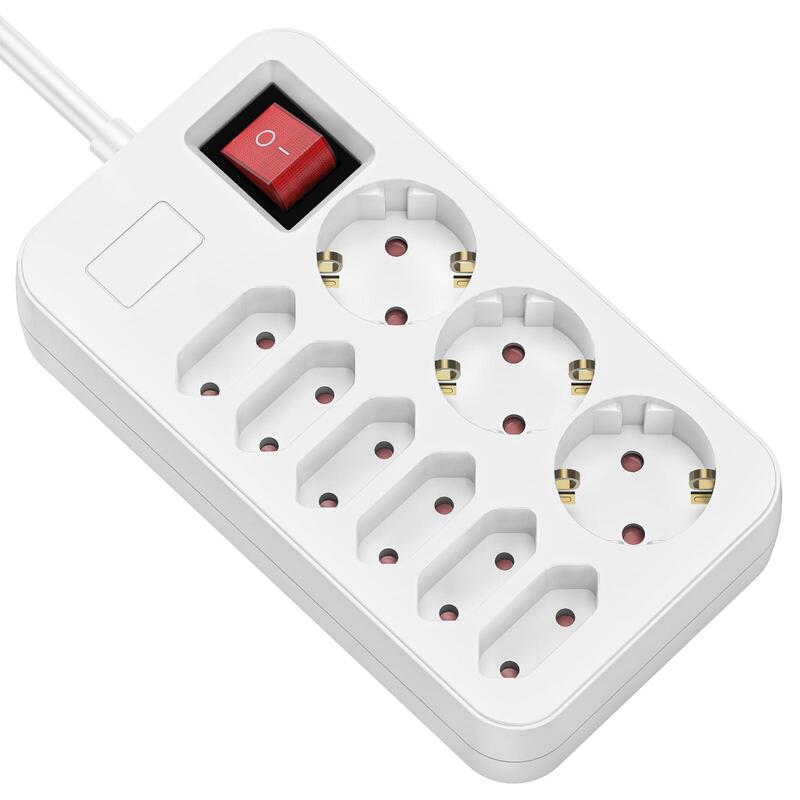 Regleta De Enchufes Roline De 9 Tomas Con Interruptor, Cable De 3 M - 3x Contactos De Protección + 6x Tomas Euro, 230v / 10a, Tomas Giradas 45°, Bloqueo De Seguridad Para Niños, Interruptor Iluminado