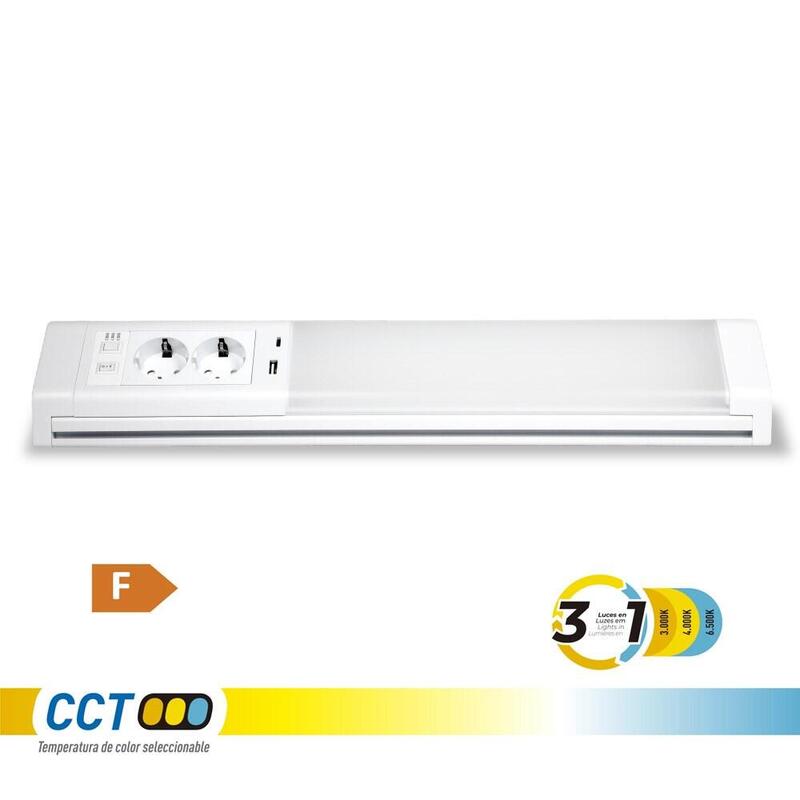 Regleta Led 5-10 W 3cct 450-850 Lm Con Enchufes Y Usb A-C, 518 X 80 X 85 Mm