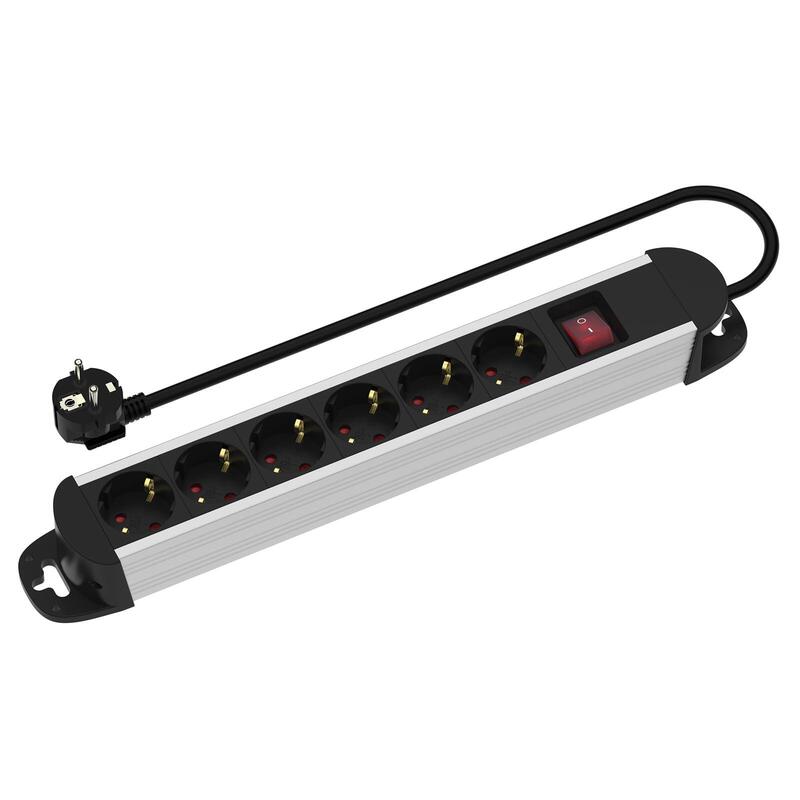 Regleta Roline De Enchufes De 6 Tomas, Con Interruptor De Encendido/Apagado, Carcasa De Aluminio, Negro/Plata, 3 M