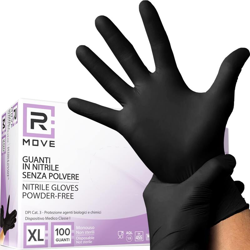 Rmove 1conf. Da 100pz Tg. L - Guanti Nitrile Nero Uso Medico Senza Polvere