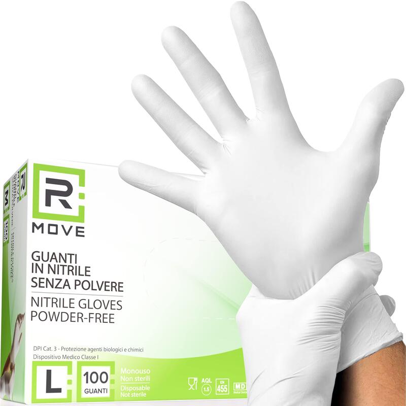 Rmove 1conf. Da 100pz Tg.L - Guanti Nitrile Bianco Uso Medico Senza Polvere