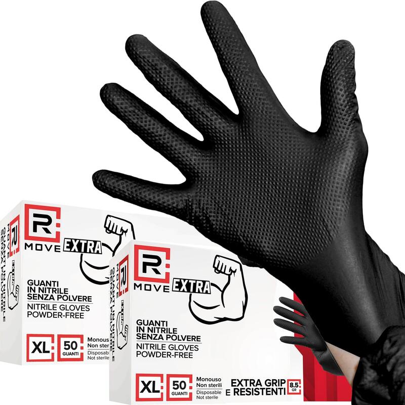 Rmove 1conf. Da 100pz Tg.Xl 8.5gr Da Lavoro - Guanti Nitrile Nero Senza Polvere Full Grip