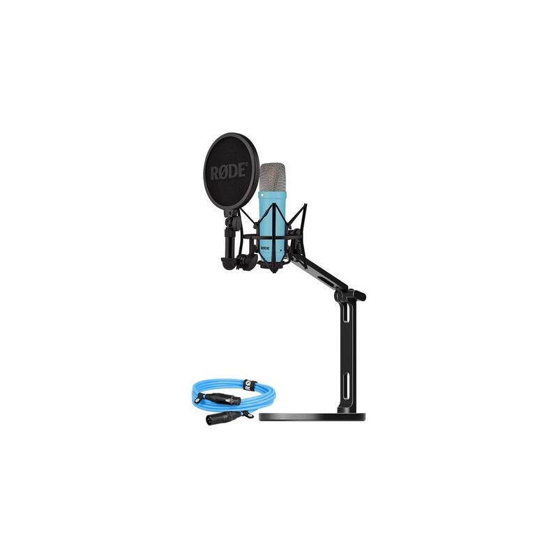 Rode Micrófono Nt1 Signature + Cable Xlr + Brazo De Estudio De Escritorio, Micrófono Azul Claro, Paquete Buroint1bu