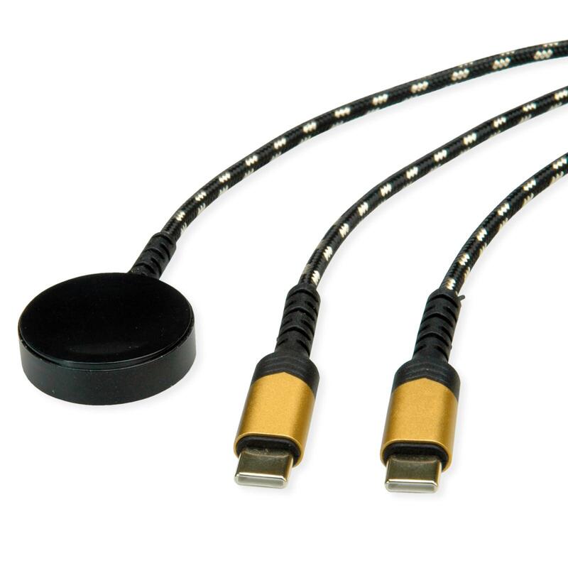 Roline Usb Split-Cable De Carga, Hasta 60w + Base De Carga (Hasta 15w), Fr Samsung Gerte, Tipo C - C, Negro Dorado, 1,2 M
