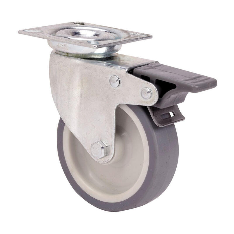Rueda Giratoria De Goma Con Placa, Eje Liso Y Freno, Color Gris, Carga Máx. 50 Kg, Ø 6 Cm