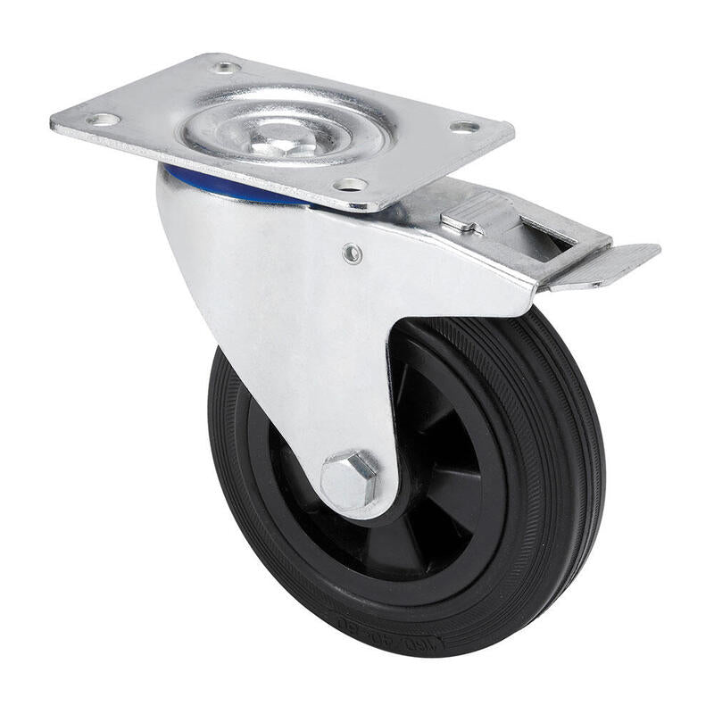 Rueda Giratoria De Goma Natural Con Placa, Eje Liso Y Freno, Color Negro, Carga Máx. 110 Kg, Ø 12,5 Cm