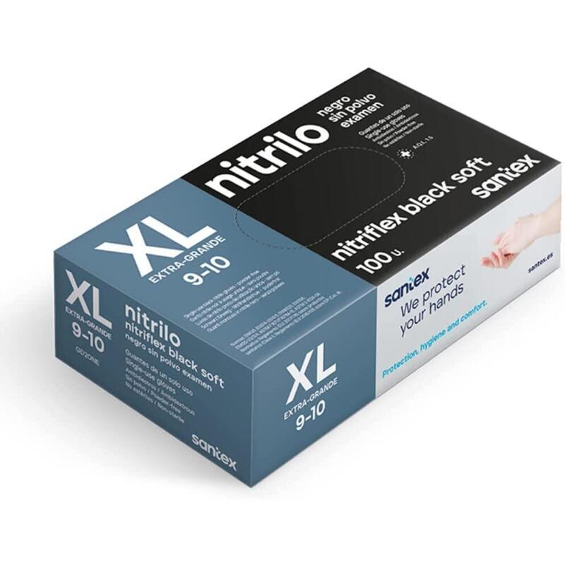 Santex Nitriflex Black Soft Pack De 100 Guantes De Nitrilo Para Examen Talla Xl - Sin Polvo - Libre De Latex - Ambidiestros - No Esteriles - Color Negro