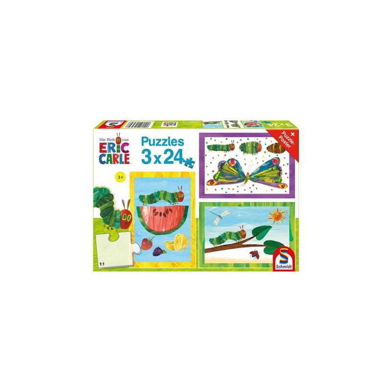 Schmidt Spiele La Pequeña Oruga Insaciable: Oruga-Capullo-Mariposa, Rompecabezas (3x 24 Piezas)  56430