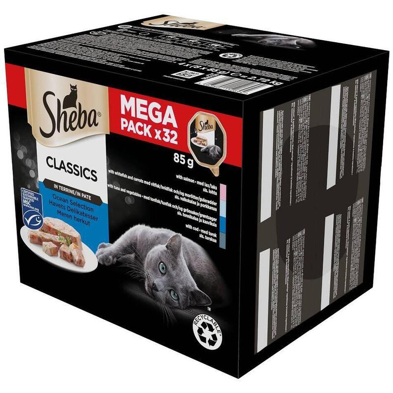 Sheba Bandeja De Paté Pescado Blanco/Pescado/Salmón/Atún - Comida Húmeda Para Gatos - 32x85 G