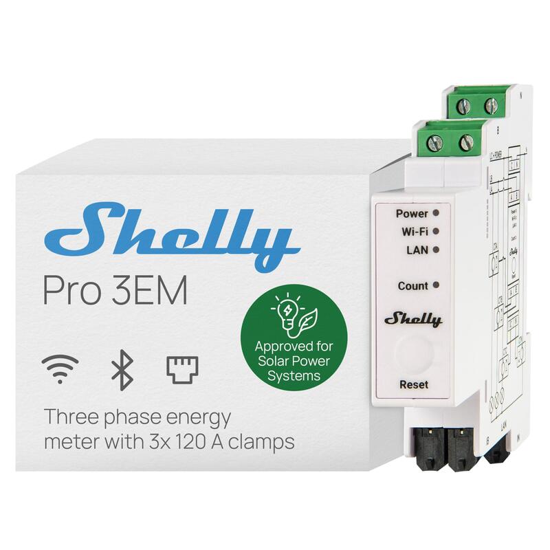 Shelly · Hutschiene · \"Pro 3em 120a V2\" · Mromzähler · Inkl. 3x 120a Klemmen · Messfunktion · Wlan · Lan · Bt