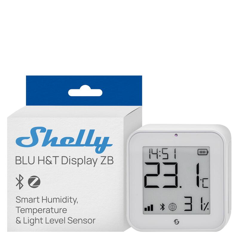 Shelly · Plug & Play · \"Blu Zb H&T Display White\" · Temperatur- & Feuchtigkeitssensor · E-Paper Display · Bluetooth · Zigbee · Blanco