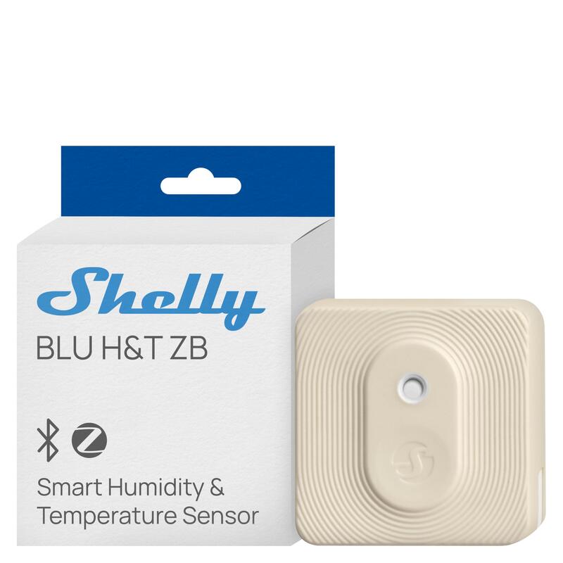 Shelly · Plug & Play · Blu Zb H&T Marfil · Temperatur- & Sensor De Humedad · Bluetooth · Zigbee · Batería · Hellbeige