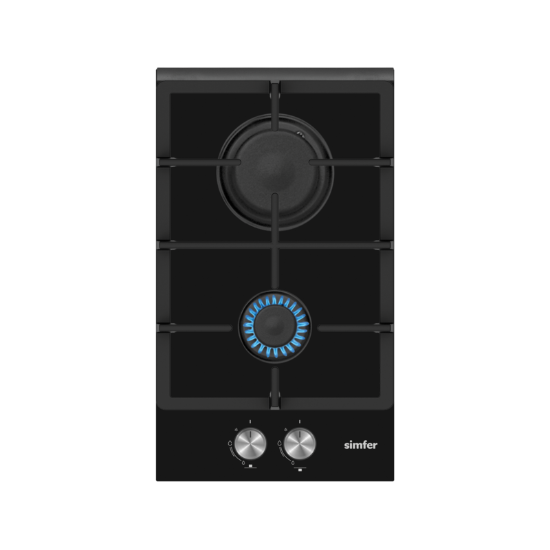 Simfer H3.201.Tgrsp Placa De Cocción Empotrada, 30 Cm, 2 Gases, Control Frontal, Soporte Para Ollas De Hierro Fundido, Pomos Con Tapa Inox, Cristal Negro