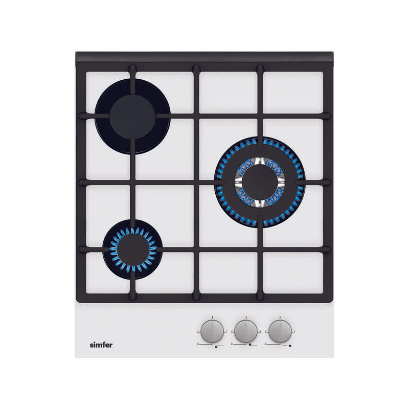 Simfer H4.305.Hgsbb Placa De Cocción A Gas (1 Wok), Ancho 45 Cm, 3 Zonas De Cocción, Control Mecánico, Blanco