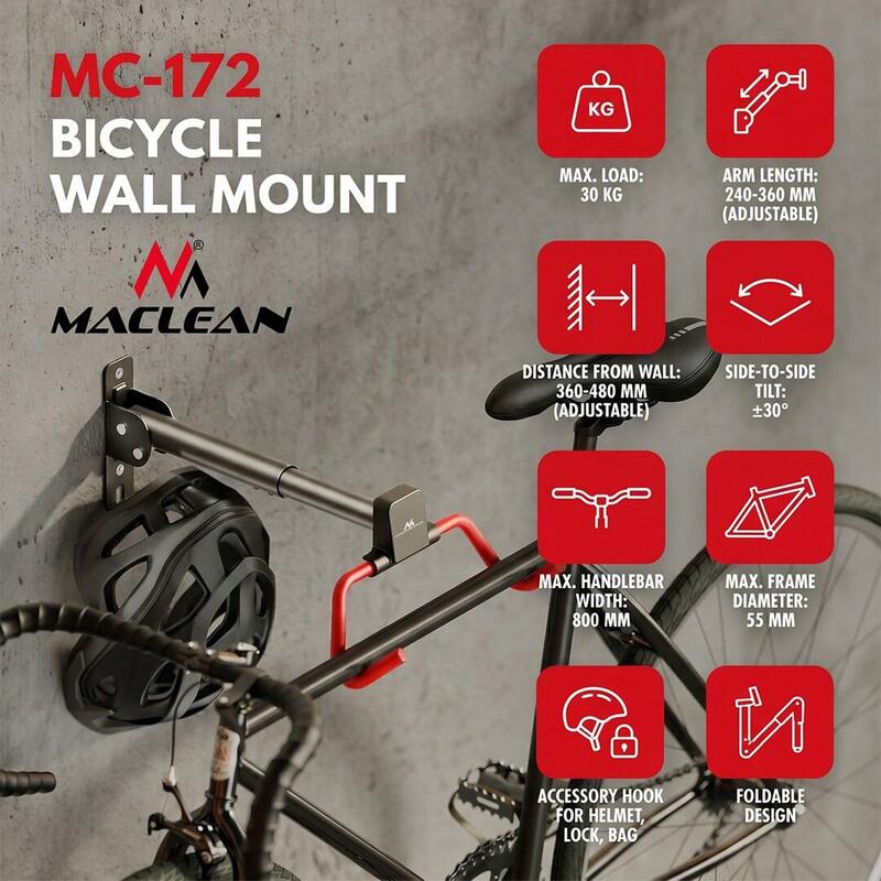 Soporte/Colgador De Pared Para Bicicletas Maclean, Horizontal, Acero, Carga Máxima De 30 Kg, Ángulo Ajustable, Mc-172