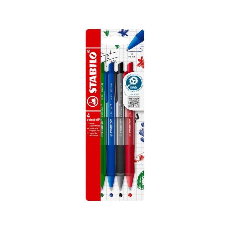 Stabilo Pointball Colorful Pack De 4 Boligrafos Retractiles - Trazo 0.5mm - Hechos Con 87% Bioplastico - Grip