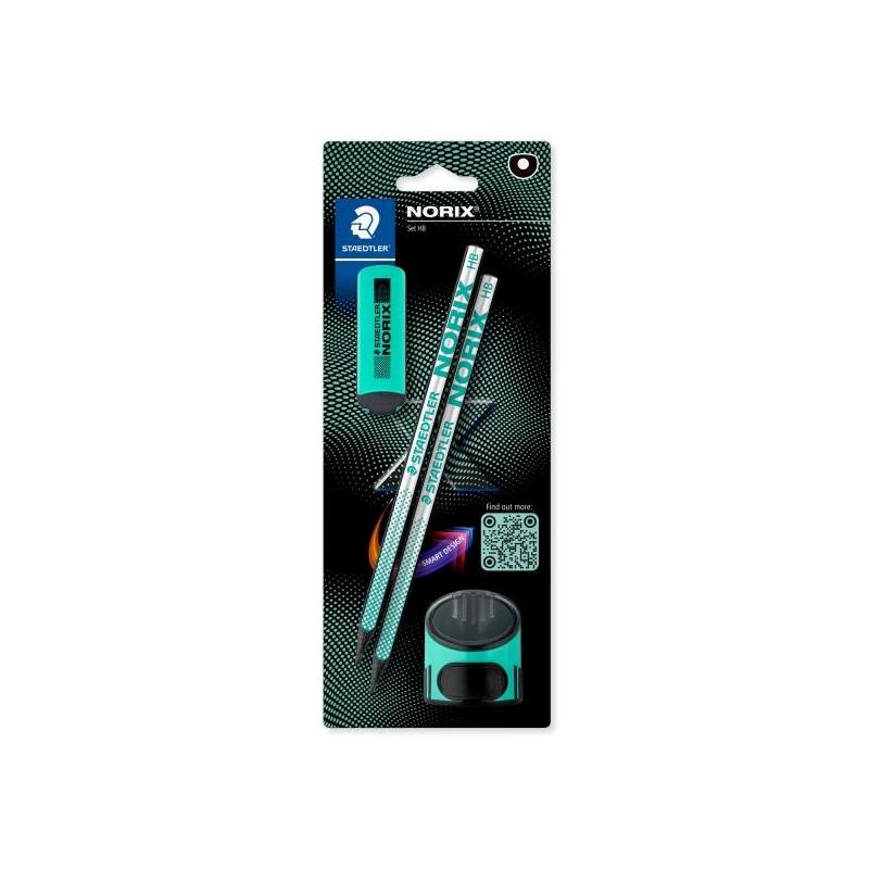 Staedtler Norix Pack De 2 Lapices De Grafito Hb + Borrador + Sacapuntas - Madera Negra - Diseño Inteligente